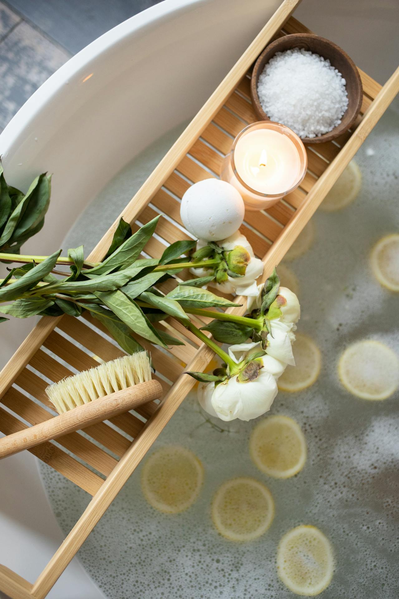 Tray with bath bomb on tub